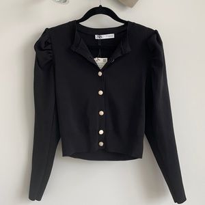 Zara puff sleeve cardigan with pearl button detail